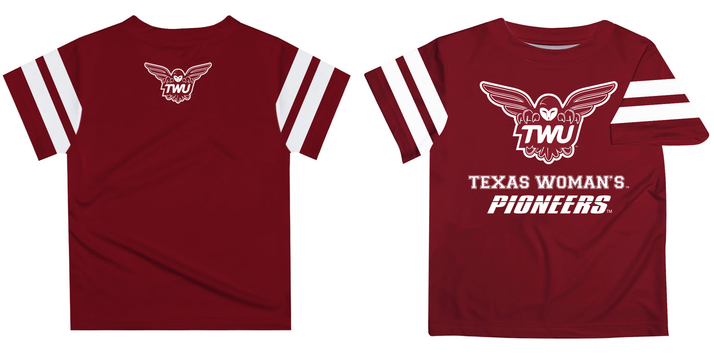Texas Woman University Pioneers Vive La Fete Boys Game Day Maroon Short Sleeve Tee with Stripes on Sleeves - Vive La Fête - Online Apparel Store