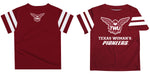 Texas Woman University Pioneers Vive La Fete Boys Game Day Maroon Short Sleeve Tee with Stripes on Sleeves - Vive La Fête - Online Apparel Store