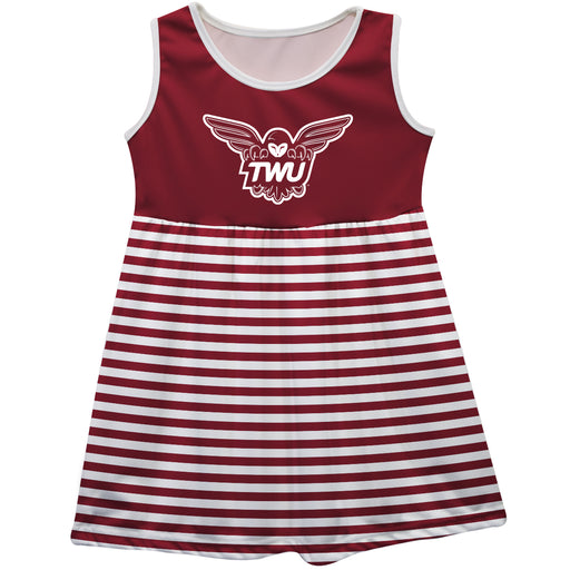 Texas Woman University Pioneers Vive La Fete Girls Game Day Sleeveless Tank Dress Solid Maroon Mascot Stripes on Skirt - Vive La Fête - Online Apparel Store