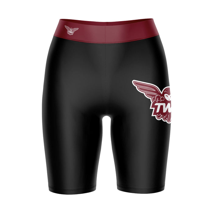 Texas Woman University Pioneers Vive La Fete Logo on Thigh and Waistband Black and Maroon Women Bike Short 9 Inseam"