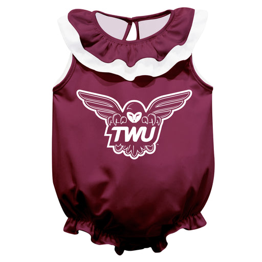 Texas Womans Pioneers Maroon Sleeveless Ruffle Onesie Logo Bodysuit