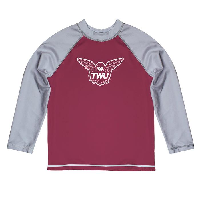 Texas Womans Pioneers Vive La Fete Maroon Gray Long Sleeve Raglan Rashguard