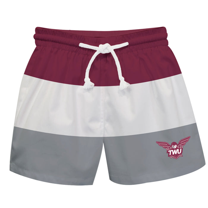 Texas Womans Pioneers Vive La Fete Maroon White Gray Stripes Swimtrunks V1