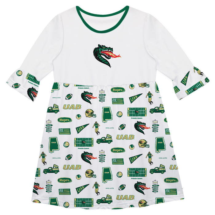 Alabama at Birmingham Blazers 3/4 Sleeve Solid White Repeat Print Hand Sketched Vive La Fete Impressions Artwork on Skir