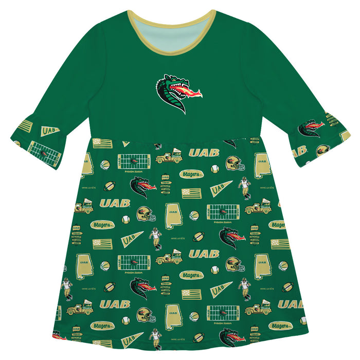 Alabama at Birmingham Blazers 3/4Sleeve Solid Green Repeat Print Hand Sketched Vive La Fete Impressions Artwork on Skirt