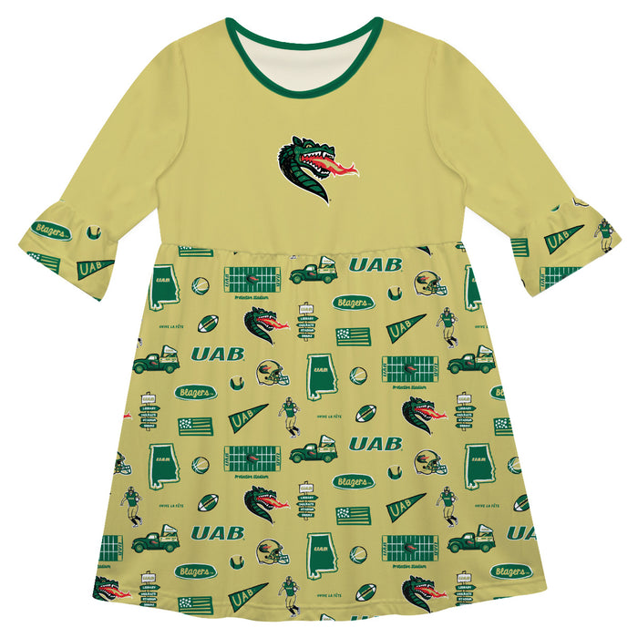 Alabama at Birmingham Blazers 3/4 Sleeve Solid Gold Repeat Print Hand Sketched Vive La Fete Impressions Artwork on Skirt