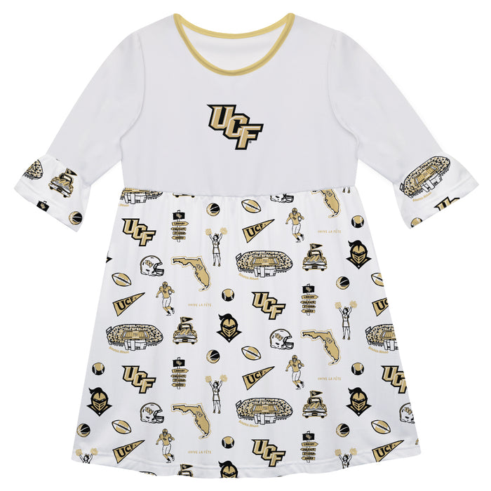 UCF Knights 3/4 Sleeve Solid White Repeat Print Hand Sketched Vive La Fete Impressions Artwork on Skirt