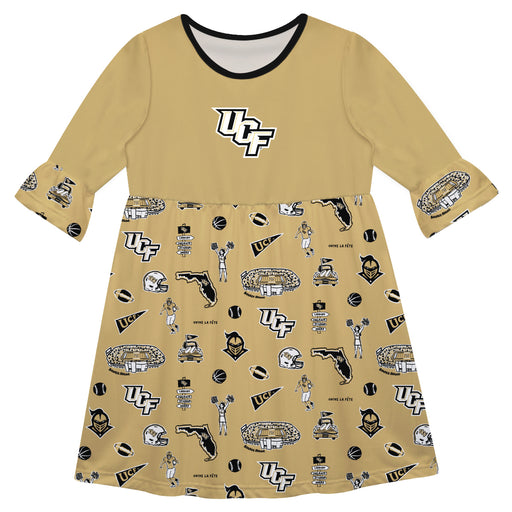UCF Knights 3/4 Sleeve Solid Gold Repeat Print Hand Sketched Vive La Fete Impressions Artwork on Skirt