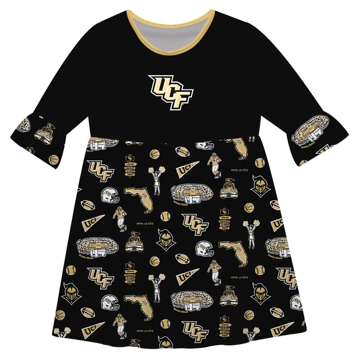 UCF Knights 3/4 Sleeve Solid Black Repeat Print Hand Sketched Vive La Fete Impressions Artwork on Skirt