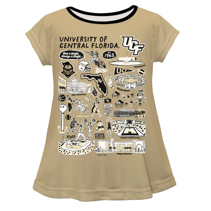 UCF Knights Hand Sketched Vive La Fete Impressions Artwork Gold Short Sleeve Top