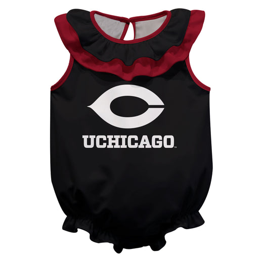 University of Chicago Maroons Black Sleeveless Ruffle Onesie Mascot Bodysuit by Vive La Fete