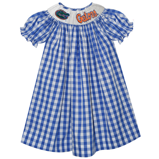 Florida Smocked Embroidered Royal Big Check Girls Bishop Short Sleeve