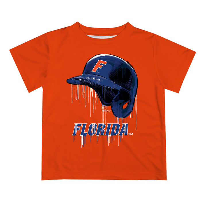 Vive La Fete Collegiate Florida Gators Original Dripping Baseball Helmet Orange T-Shirt by Vive La Fete Orange / 2