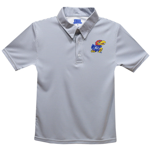 Kansas Jayhawks Embroidered Gray Stripes Short Sleeve Polo Box Shirt