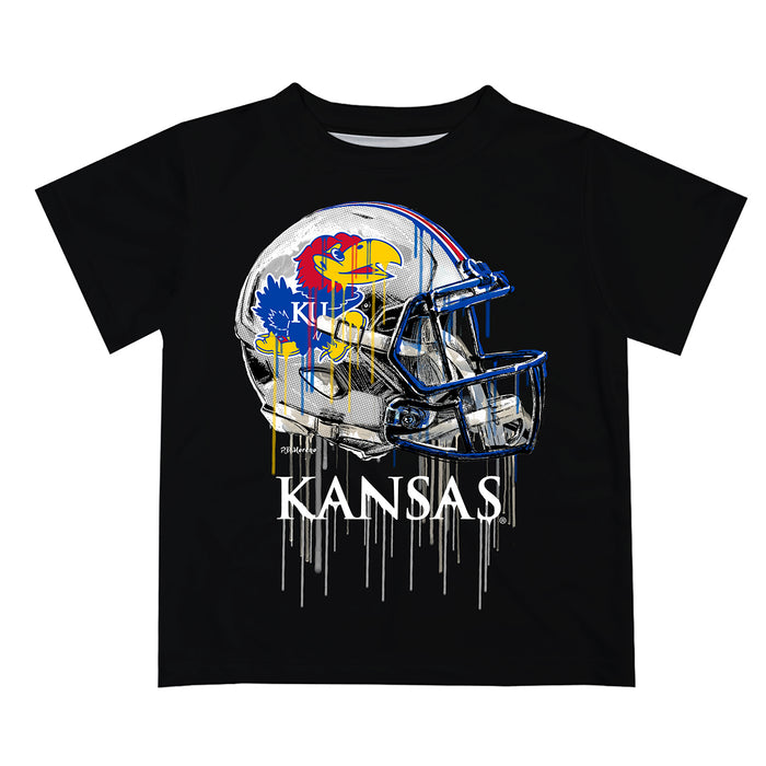 Kansas Jayhawks Original Dripping Football Helmet Black T-Shirt by Vive La Fete