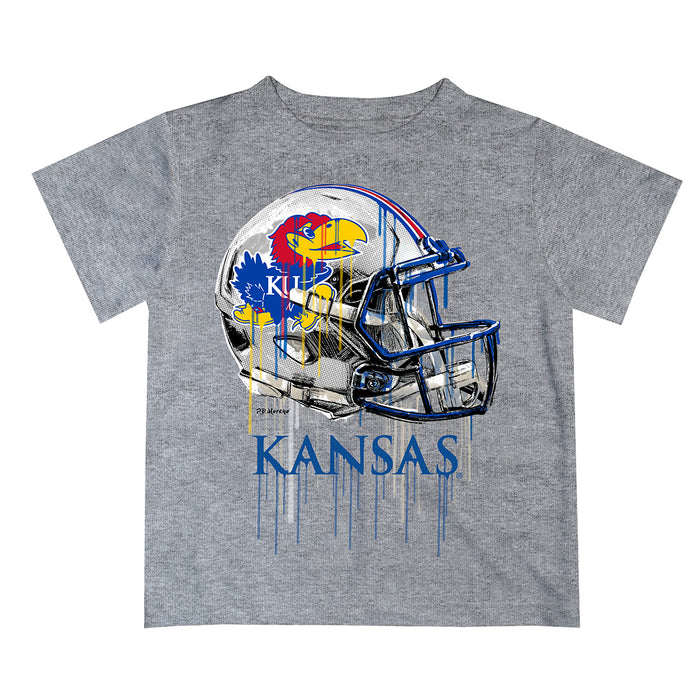 Kansas Jayhawks Original Dripping Football Helmet Gray T-Shirt by Vive La Fete