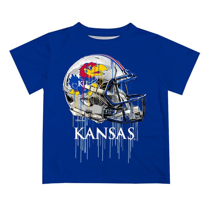 Kansas Jayhawks Original Dripping Football Helmet Blue T-Shirt by Vive La Fete
