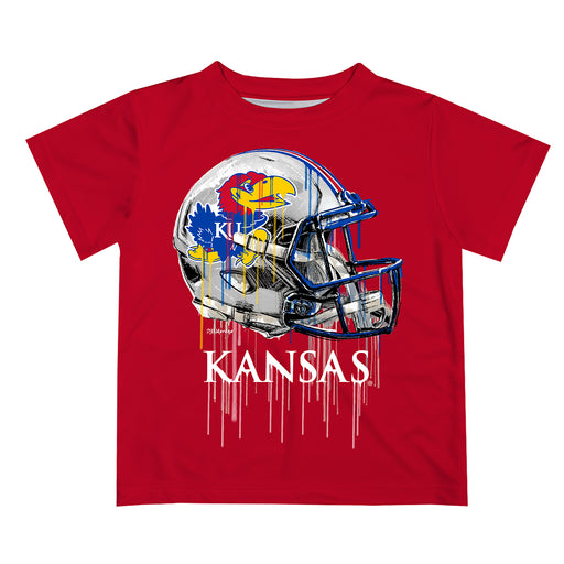 Kansas Jayhawks Original Dripping Football Helmet Red T-Shirt by Vive La Fete