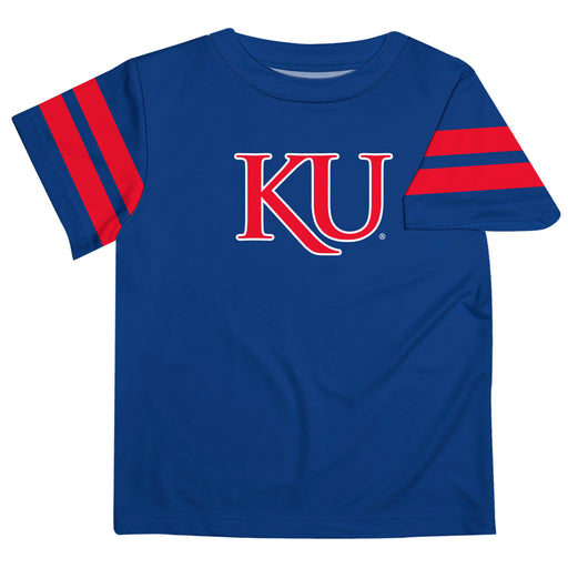 Kansas Jayhawks Vive La Fete Boys Game Day Blue Short Sleeve Tee with Stripes on Sleeves