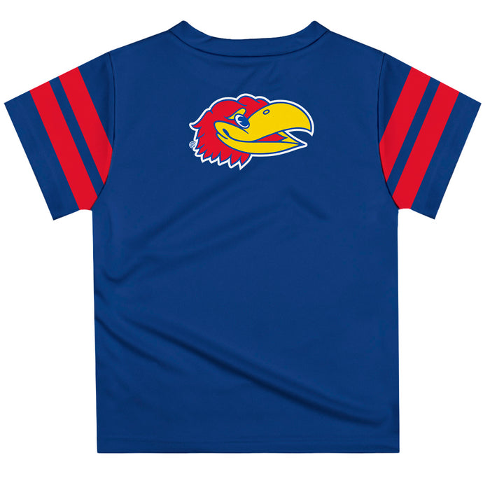 Kansas Jayhawks Vive La Fete Boys Game Day Blue Short Sleeve Tee with Stripes on Sleeves - Vive La Fête - Online Apparel Store