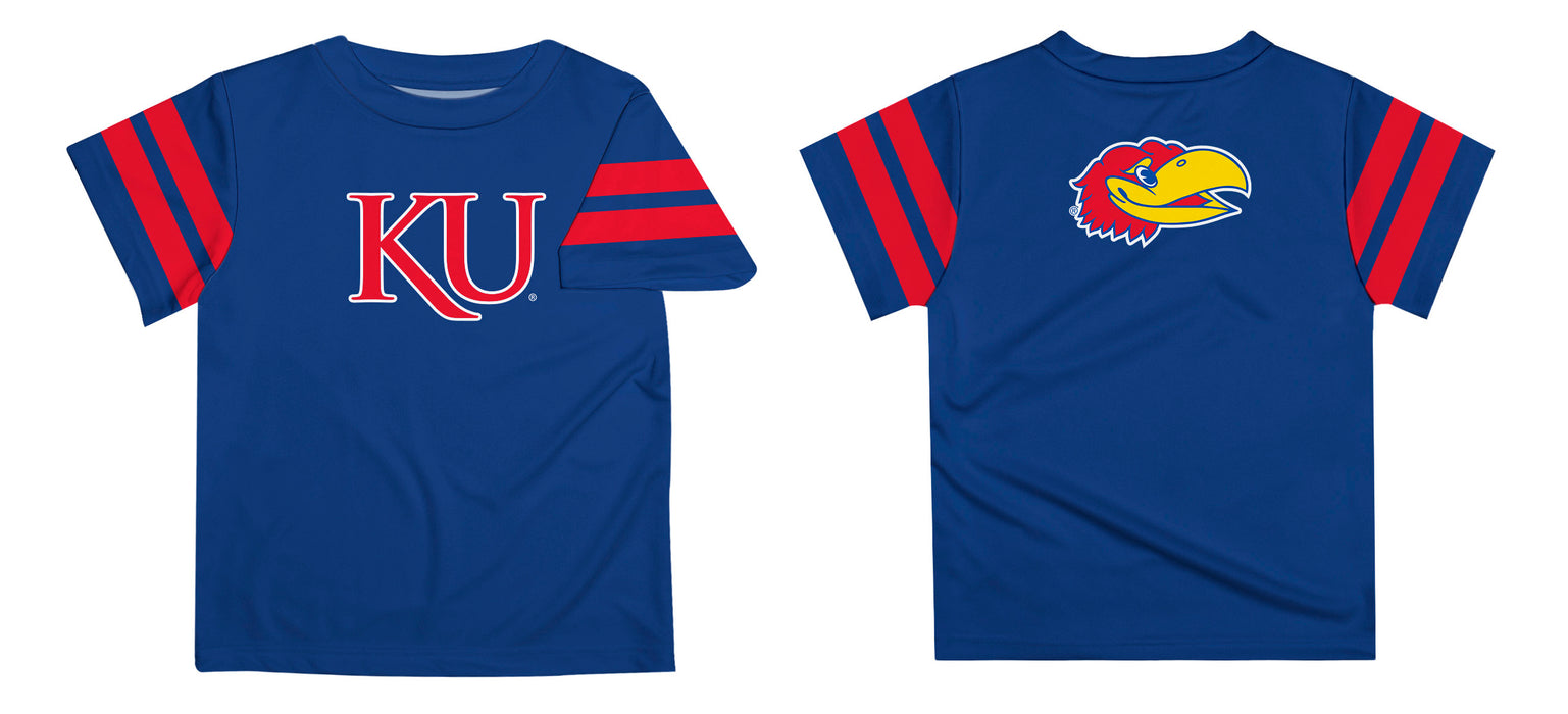 Kansas Jayhawks Vive La Fete Boys Game Day Blue Short Sleeve Tee with Stripes on Sleeves - Vive La Fête - Online Apparel Store