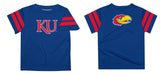 Kansas Jayhawks Vive La Fete Boys Game Day Blue Short Sleeve Tee with Stripes on Sleeves - Vive La Fête - Online Apparel Store