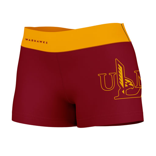 ULM Warhawks Vive La Fete Logo on Thigh & Waistband Maroon Gold Women Yoga Booty Workout Shorts 3.75 Inseam