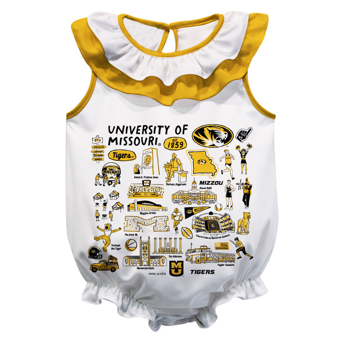 Missouri Tigers MU  White Hand Sketched Vive La Fete Impressions Artwork Sleeveless Ruffle Onesie Bodysuit