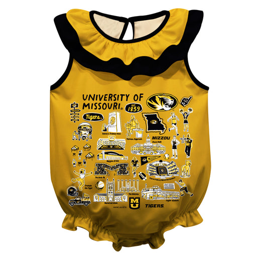 Missouri Tigers MU  Gold Hand Sketched Vive La Fete Impressions Artwork Sleeveless Ruffle Onesie Bodysuit