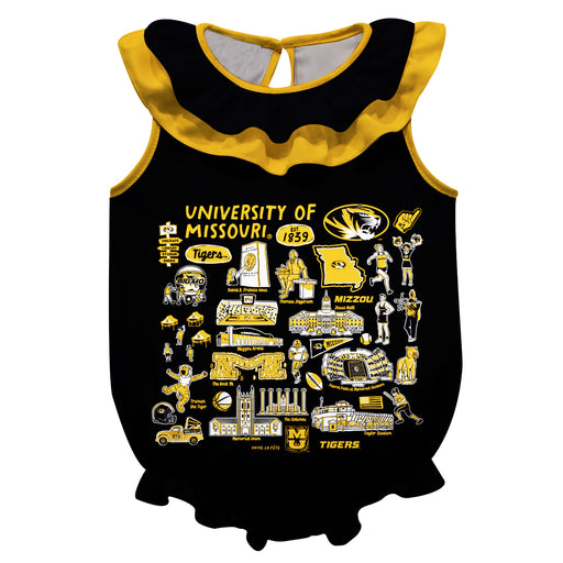Missouri Tigers MU  Black Hand Sketched Vive La Fete Impressions Artwork Sleeveless Ruffle Onesie Bodysuit