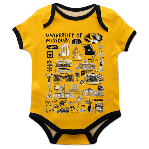 Missouri Tigers MU Hand Sketched Vive La Fete Impressions Artwork Infant Gold Short Sleeve Onesie Bodysuit
