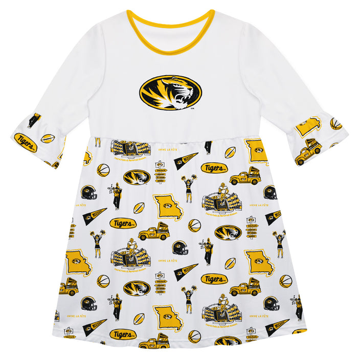 Missouri Tigers 3/4 Sleeve Solid White Repeat Print Hand Sketched Vive La Fete Impressions Artwork on Skirt