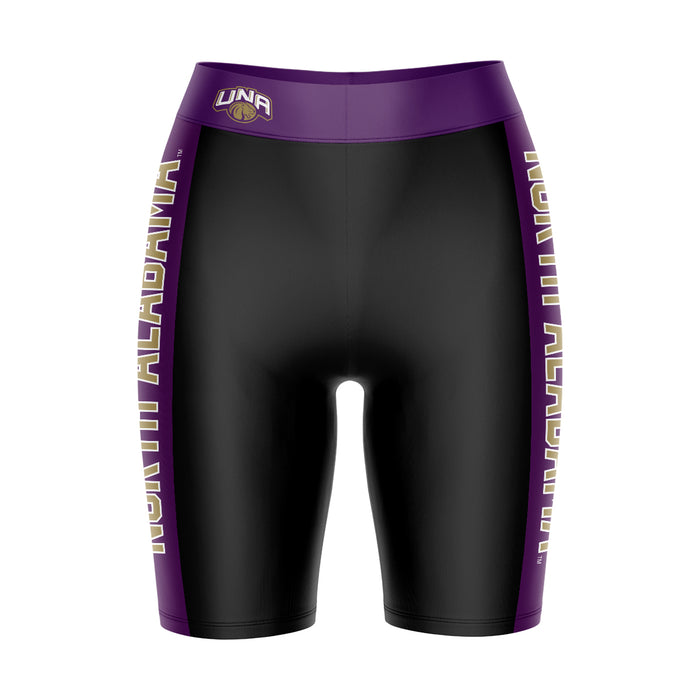 North Alabama Lions Vive La Fete Game Day Logo on Waistband and Purple Stripes Black Women Bike Short 9 Inseam"