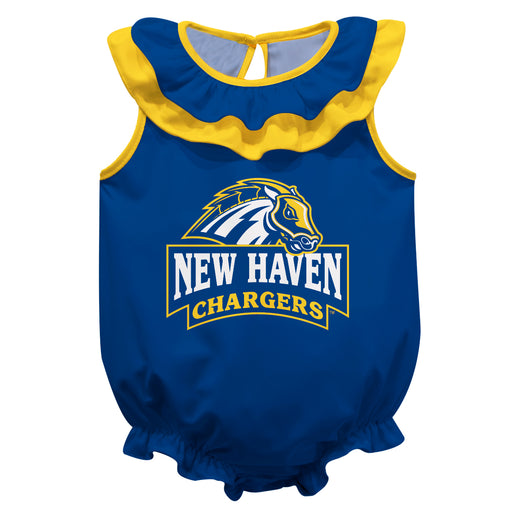 University of New Haven Chargers Blue Sleeveless Ruffle Onesie Logo Bodysuit by Vive La Fete