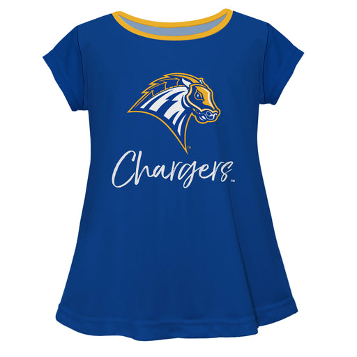 University of New Haven Chargers Vive La Fete Girls Game Day Short Sleeve Blue Top with School Logo and Name