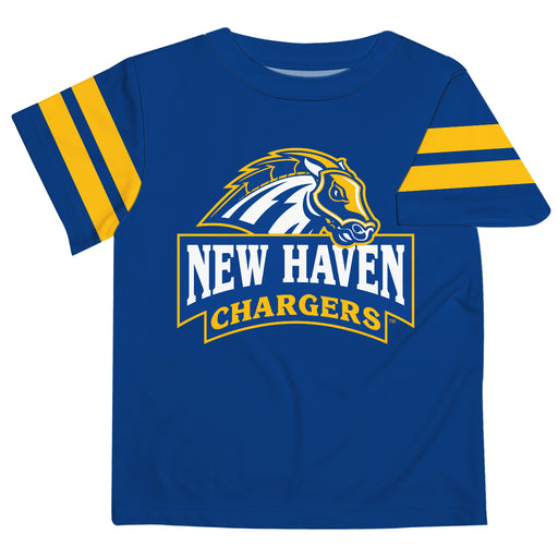 New Haven Chargers Vive La Fete Boys Game Day Blue Short Sleeve Tee with Stripes on Sleeves