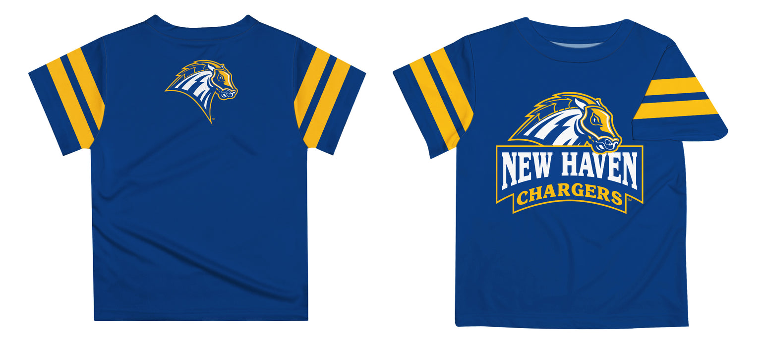 New Haven Chargers Vive La Fete Boys Game Day Blue Short Sleeve Tee with Stripes on Sleeves - Vive La Fête - Online Apparel Store