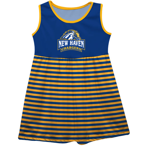 University of New Haven Chargers Blue and Gold Sleeveless Tank Dress with Stripes on Skirt by Vive La Fete