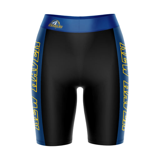 New Haven Chargers Vive La Fete Game Day Logo on Waistband and Blue Stripes Black Women Bike Short 9 Inseam