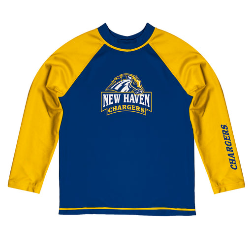New Haven Chargers Vive La Fete Logo Blue Yellow Long Sleeve Raglan Rashguard