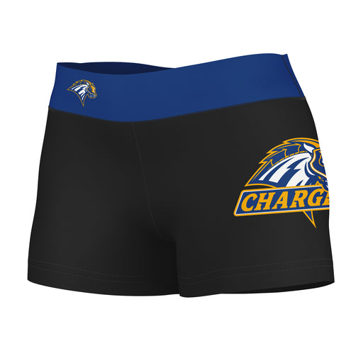 New Haven Chargers Vive La Fete Logo on Thigh & Waistband Black & Blue Women Yoga Booty Workout Shorts 3.75 Inseam