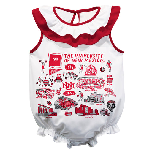 New Mexico Lobos UNM  White Hand Sketched Vive La Fete Impressions Artwork Sleeveless Ruffle Onesie Bodysuit