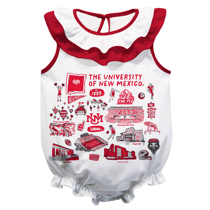 New Mexico Lobos UNM  White Hand Sketched Vive La Fete Impressions Artwork Sleeveless Ruffle Onesie Bodysuit