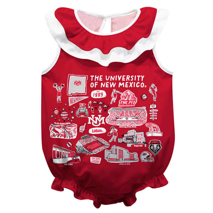 New Mexico Lobos UNM  Red Hand Sketched Vive La Fete Impressions Artwork Sleeveless Ruffle Onesie Bodysuit