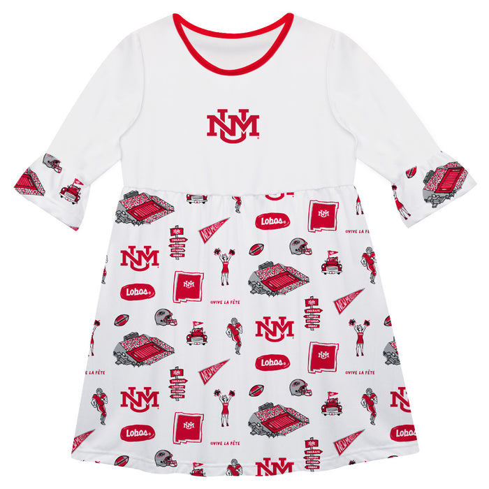 New Mexico Lobos UNM 3/4 Sleeve Solid White Repeat Print Hand Sketched Vive La Fete Impressions Artwork on Skirt