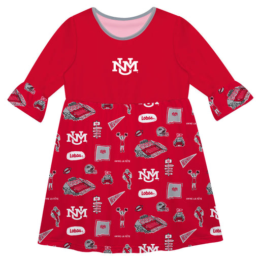New Mexico Lobos UNM 3/4 Sleeve Solid Red Repeat Print Hand Sketched Vive La Fete Impressions Artwork on Skirt