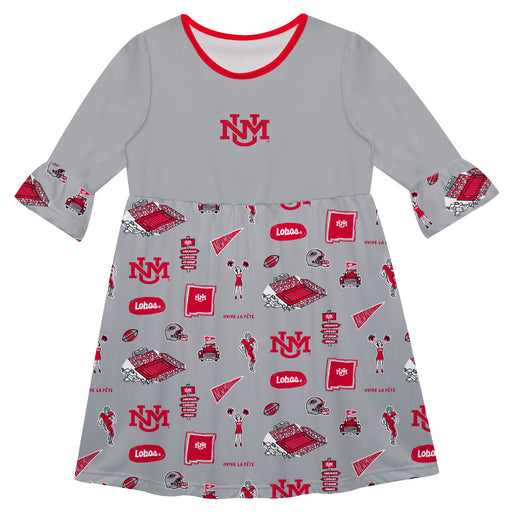 New Mexico Lobos UNM 3/4 Sleeve Solid Gray Repeat Print Hand Sketched Vive La Fete Impressions Artwork on Skirt
