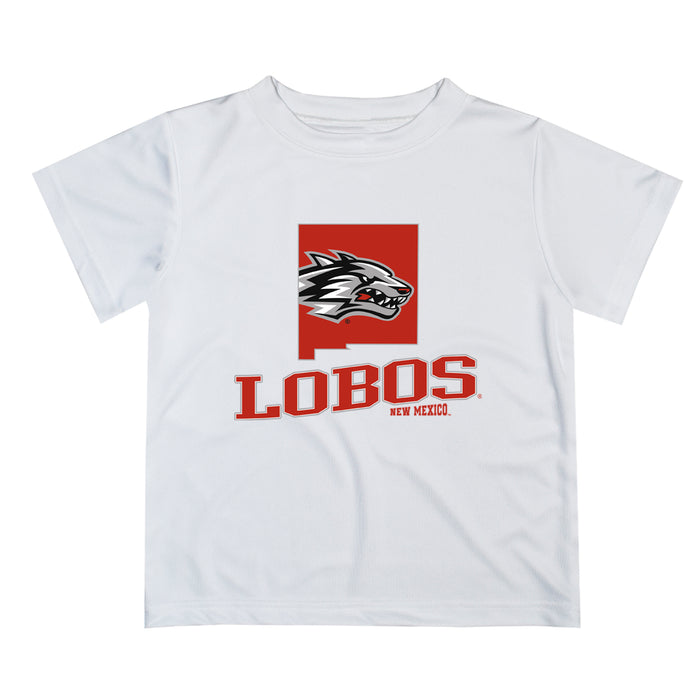 New Mexico Lobos Vive La Fete State Map White Short Sleeve Tee Shirt