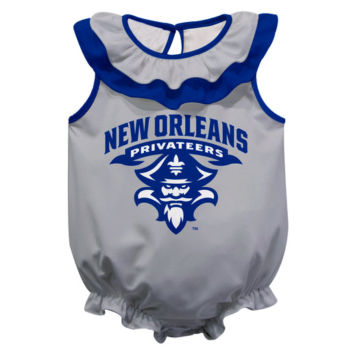 University of New Orleans Privateers UNO Gray Sleeveless Ruffle Onesie Logo Bodysuit by Vive La Fete