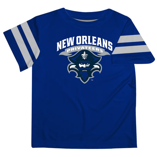New Orleans Privateers UNO Vive La Fete Boys Game Day Blue Short Sleeve Tee with Stripes on Sleeves - Vive La Fête - Online Apparel Store